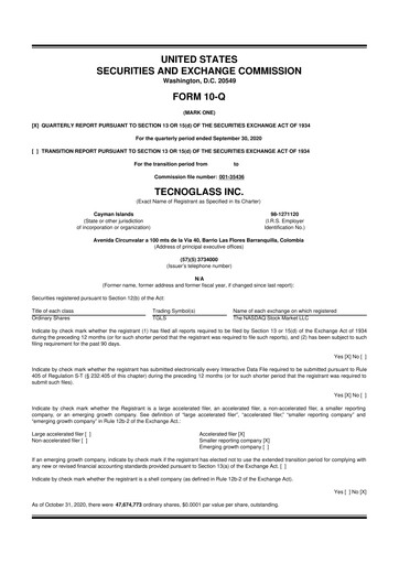 Thumbnail Tecnoglass 10-Q Quarterly Report FY2020 