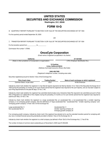 Miniature OncoCyte
 10-Q Rapport trimestriel 2020 