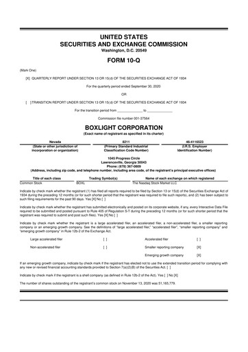 Miniature Boxlight
 10-Q Rapport trimestriel 2020 