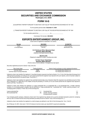 Thumbnail Esports Entertainment
 10-Q Quarterly Report FY2021 