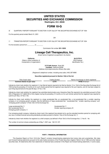 Miniature Lineage Cell Therapeutics
 10-Q Rapport trimestriel  