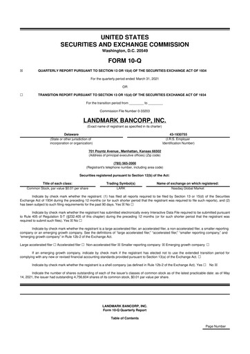 Thumbnail Landmark Bancorp 10-Q Quarterly Report FY2021 