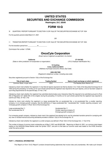 Miniature OncoCyte
 10-Q Rapport trimestriel 2021 