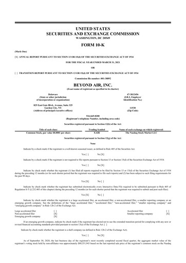 Thumbnail Beyond Air 10-K Annual Report 2021