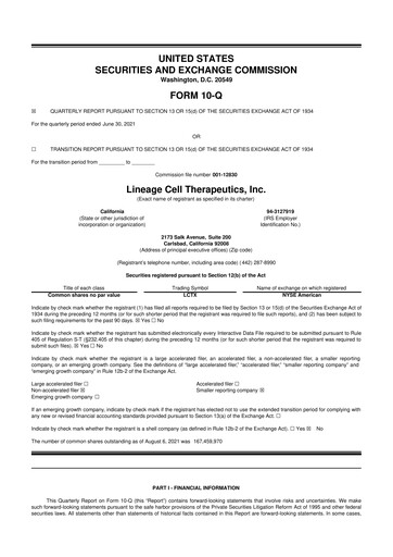 Miniature Lineage Cell Therapeutics
 10-Q Rapport trimestriel  