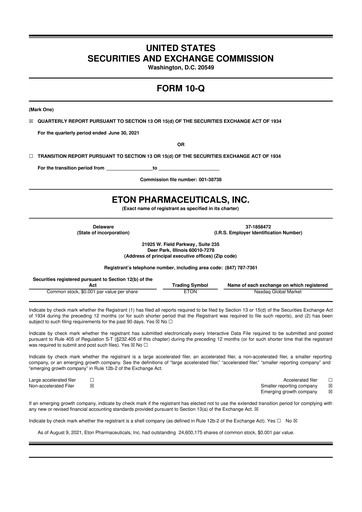 Miniature Eton Pharmaceuticals 10-Q Rapport trimestriel 2021 