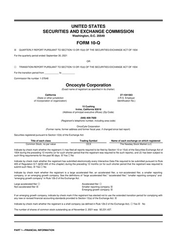 Miniature OncoCyte
 10-Q Rapport trimestriel 2021 