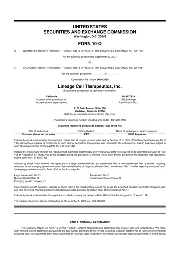 Miniature Lineage Cell Therapeutics
 10-Q Rapport trimestriel  
