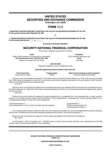 Miniature Security National Financial Corporation 10-Q Rapport trimestriel 2021 