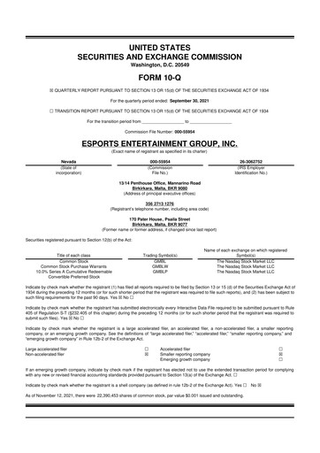 Thumbnail Esports Entertainment
 10-Q Quarterly Report FY2022 