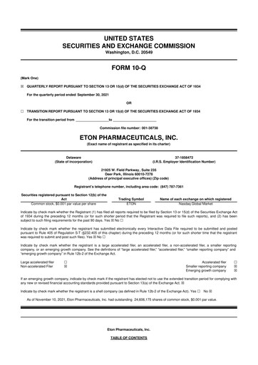 Miniature Eton Pharmaceuticals 10-Q Rapport trimestriel 2021 