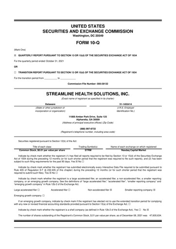 Thumbnail Streamline Health Solutions 10-Q Quarterly Report FY2022 