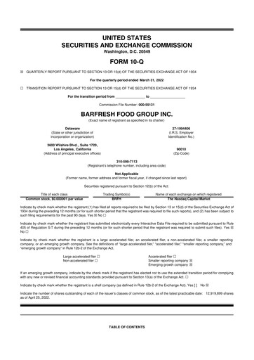 Miniature Barfresh Food Group 10-Q Rapport trimestriel  