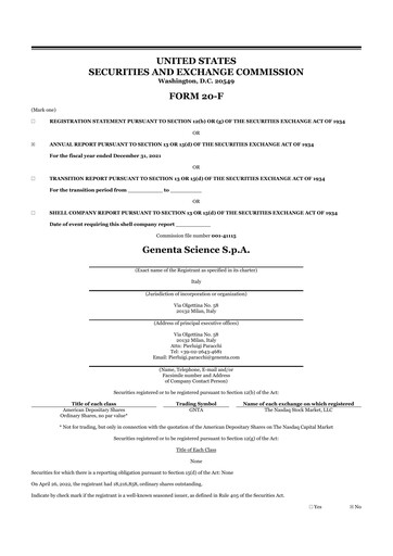 Miniature Genenta Science 20-F Rapport annuel 2021