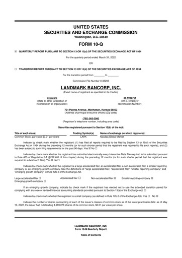 Thumbnail Landmark Bancorp 10-Q Quarterly Report FY2022 