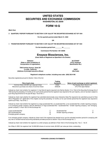 Vorschaubild Ensysce Biosciences 10-Q Quartalsbericht 2022 
