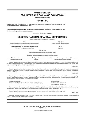 Miniature Security National Financial Corporation 10-Q Rapport trimestriel 2022 