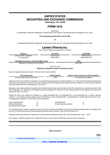 Miniature Lantern Pharma 10-Q Rapport trimestriel 2022 