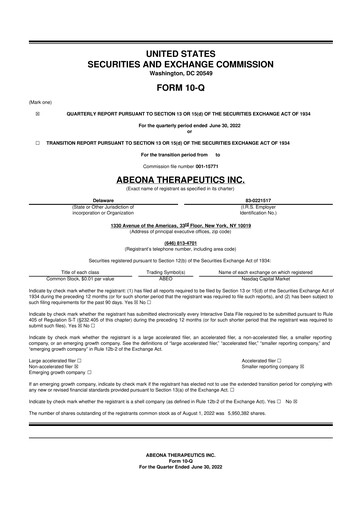 Vorschaubild Abeona Therapeutics
 10-Q Quartalsbericht 2022 