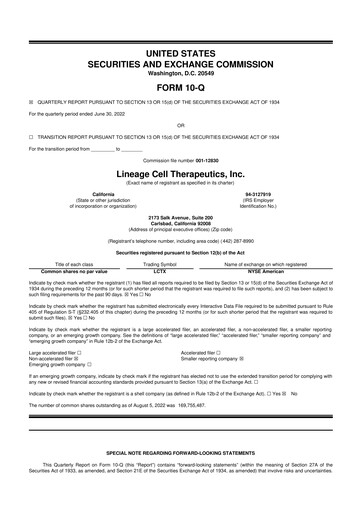 Miniature Lineage Cell Therapeutics
 10-Q Rapport trimestriel  