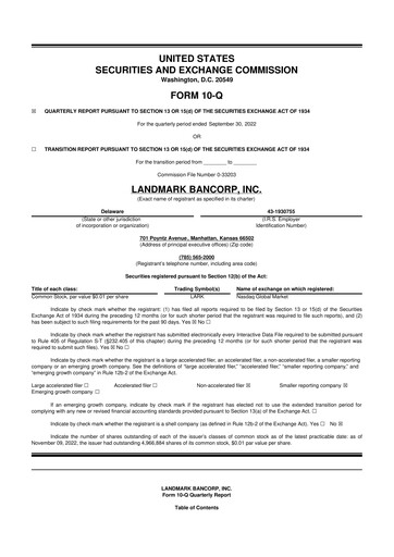 Thumbnail Landmark Bancorp 10-Q Quarterly Report FY2022 
