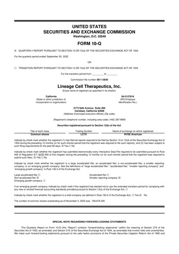 Miniature Lineage Cell Therapeutics
 10-Q Rapport trimestriel  