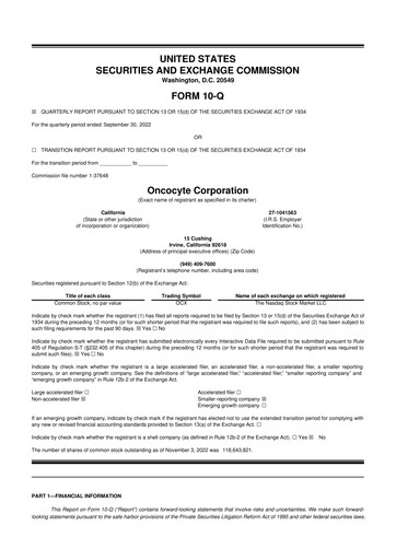 Miniature OncoCyte
 10-Q Rapport trimestriel 2022 