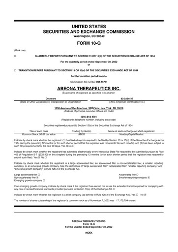 Vorschaubild Abeona Therapeutics
 10-Q Quartalsbericht 2022 