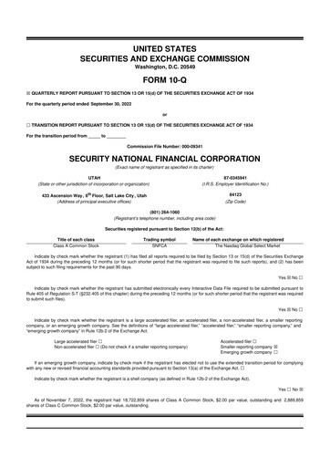Miniature Security National Financial Corporation 10-Q Rapport trimestriel 2022 