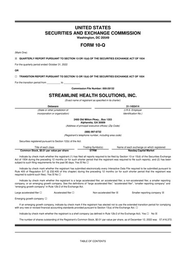 Thumbnail Streamline Health Solutions 10-Q Quarterly Report FY2022 