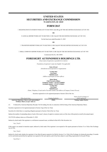 Thumbnail Foresight Autonomous Holdings 20-F Annual Report 2022
