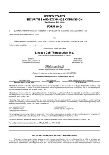 Miniature Lineage Cell Therapeutics
 10-Q Rapport trimestriel  