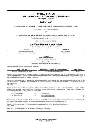 Miniature enVVeno Medical Corporation 10-Q Rapport trimestriel 2023 
