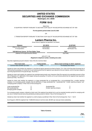 Miniature Lantern Pharma 10-Q Rapport trimestriel 2023 