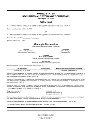 Miniature OncoCyte
 10-Q Rapport trimestriel 2023 