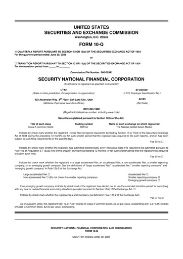 Miniature Security National Financial Corporation 10-Q Rapport trimestriel 2023 