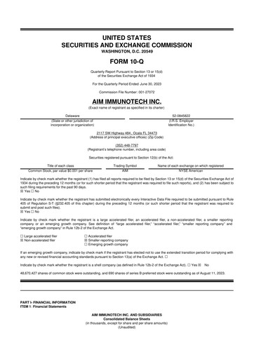 Thumbnail AIM ImmunoTech
 10-Q Quarterly Report FY2023 