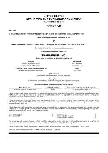 Vorschaubild Tharimmune 10-Q Quartalsbericht 2023 