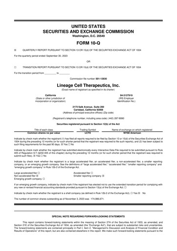 Miniature Lineage Cell Therapeutics
 10-Q Rapport trimestriel  