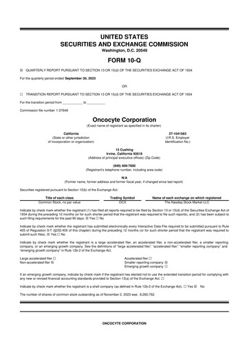 Miniature OncoCyte
 10-Q Rapport trimestriel 2023 