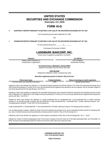 Thumbnail Landmark Bancorp 10-Q Quarterly Report FY2023 