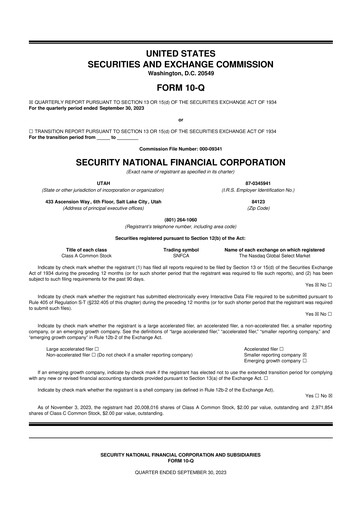 Miniature Security National Financial Corporation 10-Q Rapport trimestriel 2023 