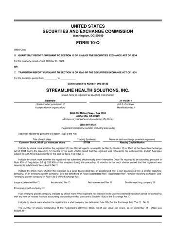 Thumbnail Streamline Health Solutions 10-Q Quarterly Report FY2024 