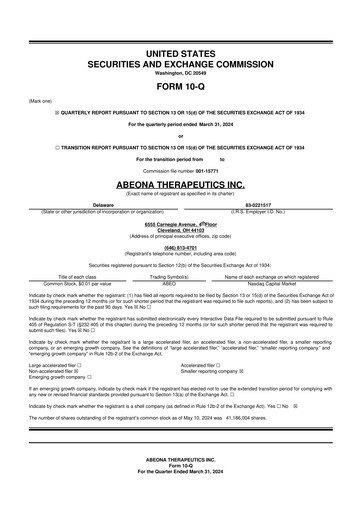 Vorschaubild Abeona Therapeutics
 10-Q Quartalsbericht 2024 