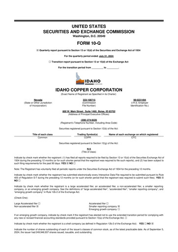 Thumbnail Idaho Copper Corporation 10-Q Quarterly Report FY2025 