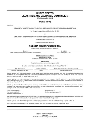 Vorschaubild Abeona Therapeutics
 10-Q Quartalsbericht 2024 