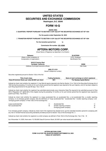 Thumbnail Aptera Motors 10-Q Quarterly Report FY2025 