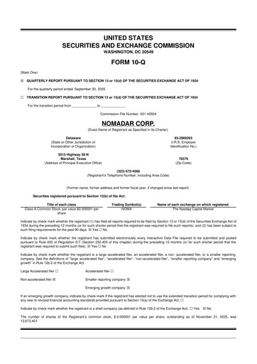 Thumbnail NOMADAR 10-Q Quarterly Report FY 