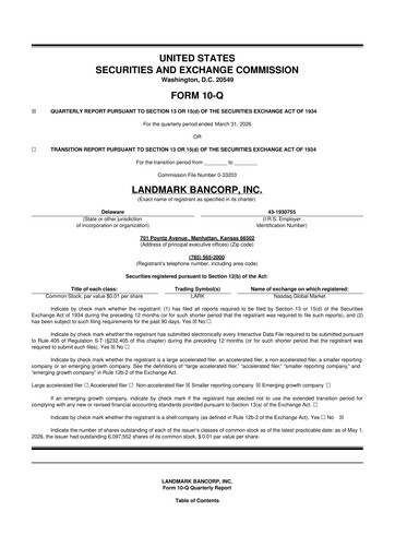 Thumbnail Landmark Bancorp 10-Q Quarterly Report FY 