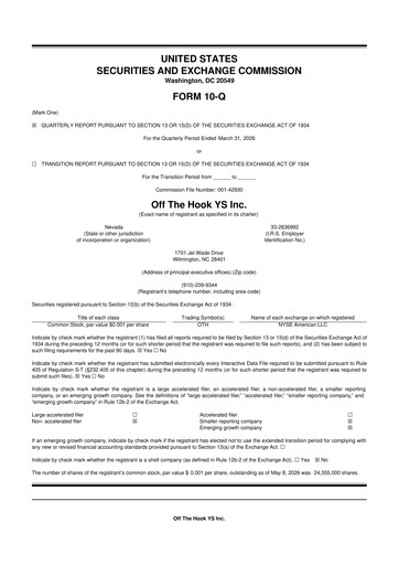 Thumbnail Off the Hook YS Inc 10-Q Quarterly Report FY 